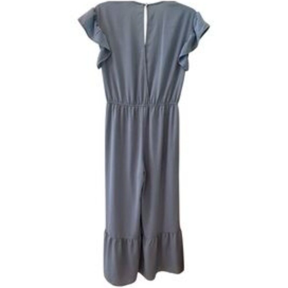 Blue Gray Ruffled Jumpsuit with Flutter Sleeves